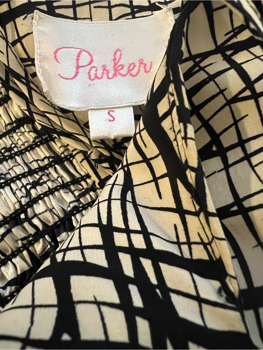 Parker 100% Silk Abstract Grid Print Ruched Black & Cream Strappy Midi Dress S